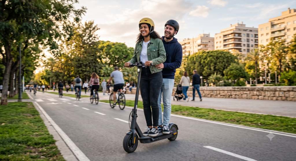 pareja montada en patinete eléctrico